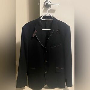 Men’s FIRS Black Cotton Blazer— Leather Strap Collar & Button Closure